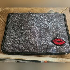 NWOT Lancome Shimmering Black/Silver Dazzle Glittery Clutch with Red Lip Detail